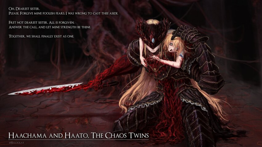 akai_haato, armor, artist_name, baloolax, blonde_hair, blood, blue_eyes, cosplay, crossover, dark_souls_(series), dark_souls_iii, english_text, gauntlets, guro, highres, holding, holding_sword, holding_weapon, hololive, intestines, kneeling, long_hair, lorian_(elder_prince), lorian_(elder_prince)_(cosplay), lothric_(younger_prince), lothric_(younger_prince)_(cosplay), sword, virtual_youtuber, weapon