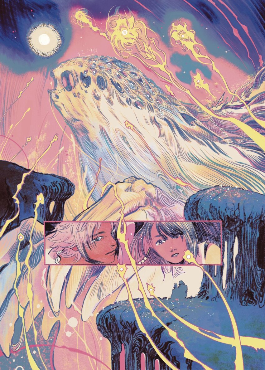 1boy, 1girl, 1other, cliff, final_fantasy, final_fantasy_x, hair_ornament, highres