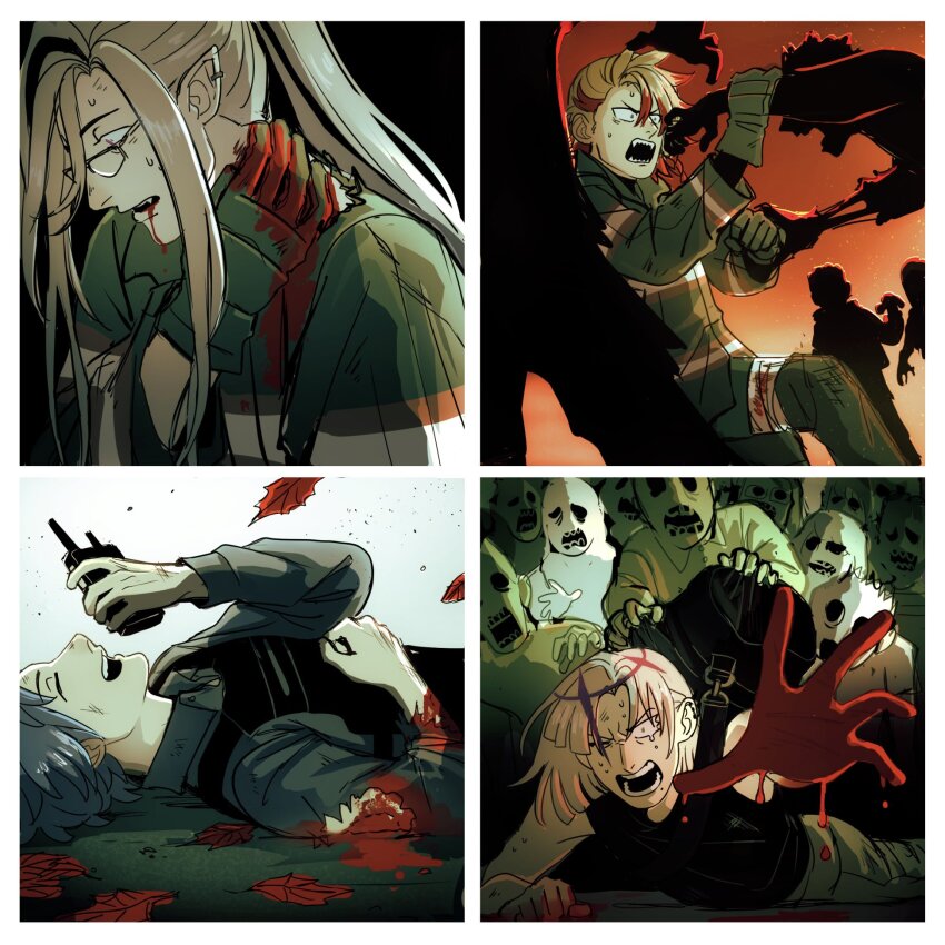 2w46713, autumn_leaves, axel_syrios, backpack, bag, bandages, blood, blood_from_mouth, braid, fangs, glasses, grey_hair, guro, highres, holostars, holostars_english, injury, leaf, lying, magni_dezmond, multicolored_hair, noir_vesper, on_back, open_mouth, pointy_ears, project_zomboid, reaching, reaching_towards_viewer, regis_altare, side_braid, sweatdrop, two-tone_hair, virtual_youtuber, walkie-talkie, zombie