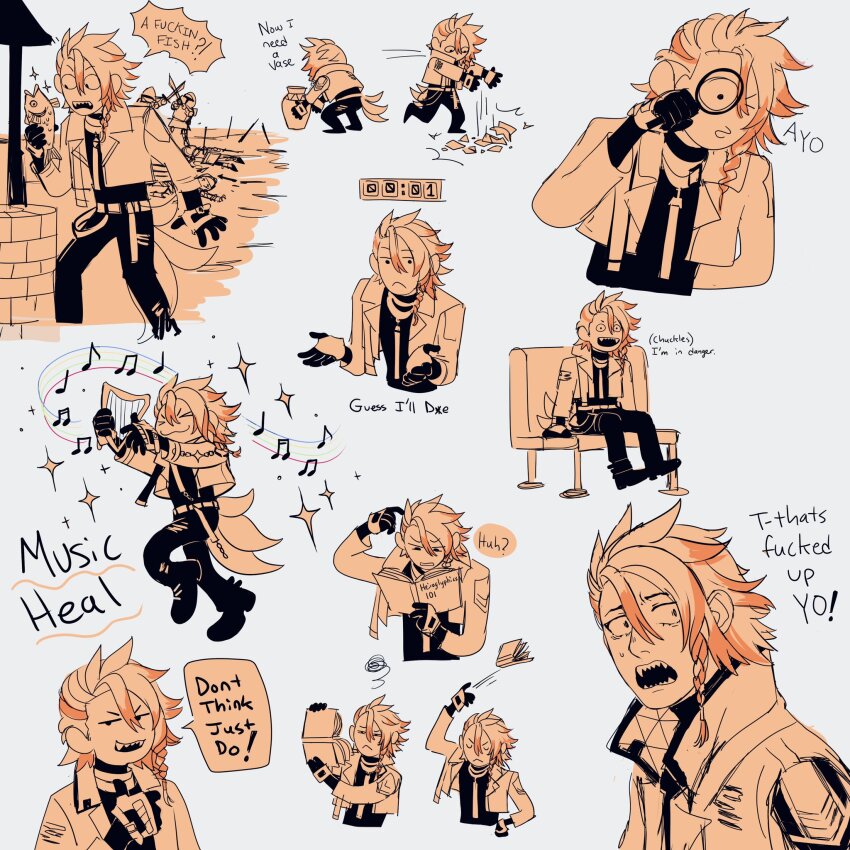 2w46713, axel_syrios, book, braid, english_text, guess_i'll_die_(meme), highres, holding, holding_book, holding_harp, holding_magnifying_glass, holostars, holostars_english, magnifying_glass, meme, musical_note, open_mouth, reading, side_braid, simple_background, sitting, speech_bubble, sweatdrop, virtual_youtuber