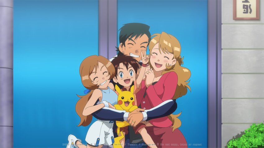 2boys, 2girls, :d, aged_up, ash_ketchum, black_hair, blonde_hair, blue_eyes