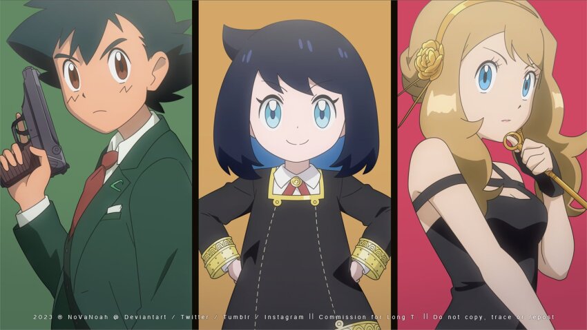 1boy, 2girls, anya_(spy_x_family), anya_(spy_x_family)_(cosplay), ash_ketchum, black_hair, blonde_hair, blue_eyes