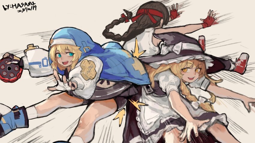 1boy, 2girls, absurdres, apron, bike_shorts, black_dress, black_headwear, black_shorts, blonde_hair, blue_eyes, bow, bridget_(guilty_gear), brown_hair, crossover, dress, fingerless_gloves, gloves, guilty_gear, hair_bow, hairband, highres, hip_attack, hua_ha_jiazi, kirisame_marisa, multiple_crossover, multiple_girls, red_gloves, red_hairband, shirt, shorts, smile, the_king_of_fighters, touhou, trait_connection, white_apron, white_bow, white_shirt, witch, yellow_eyes, yuri_sakazaki