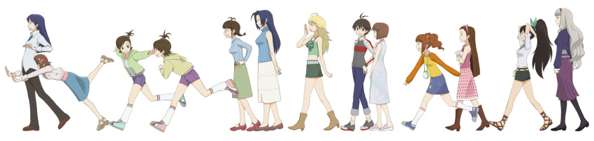 6+girls, :d, absurdres, ahoge, akizuki_ritsuko, amami_haruka, antenna_hair, arms_behind_back, arms_behind_head, artist_request, bad_id, bad_pixiv_id, belt, black_eyes, black_hair, blue_eyes, blue_hair, book, braid, brown_hair, closed_eyes, dress, face_in_ass, futami_ami, futami_mami, ganaha_hibiki, glasses, grin, hagiwara_yukiho, hair_bobbles, hair_ornament, hairband, hand_on_another's_chest, hands_on_own_hips, highres, hoshii_miki, idolmaster, idolmaster_(classic), kikuchi_makoto, kisaragi_chihaya, legs, line_(veritatis), long_image, midriff, minase_iori, miura_azusa, multiple_girls, open_mouth, pantyhose, ponytail, profile, running, sandals, shijou_takane, shoes, short_shorts, shorts, siblings, side_ponytail, silver_hair, simple_background, sisters, skirt, smile, sneakers, socks, stuffed_animal, stuffed_rabbit, stuffed_toy, takatsuki_yayoi, tripping, twins, twintails, walking, wide_image, yawning
