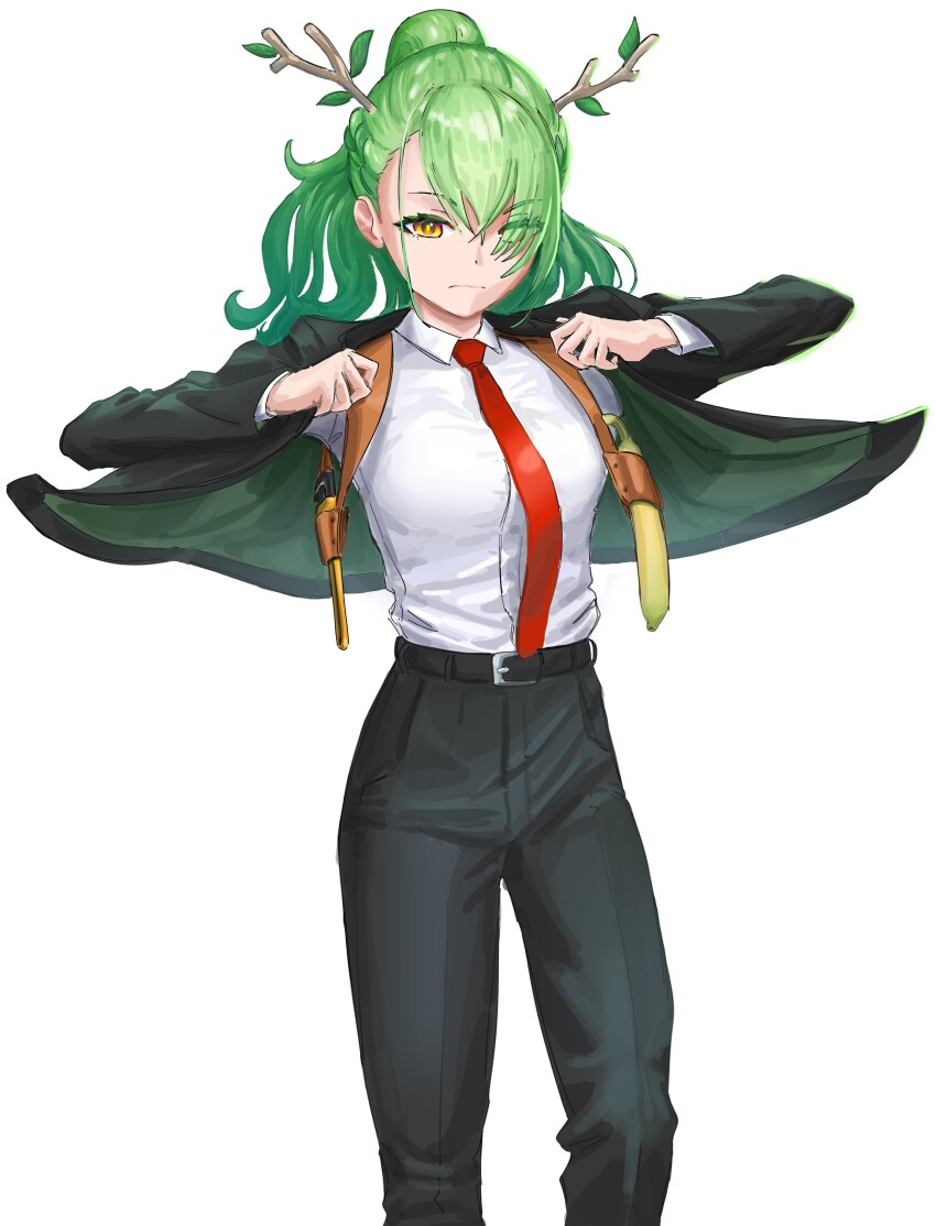 1girl, absurdres, banana, black_pants, black_suit, ceres_fauna, food, formal_clothes