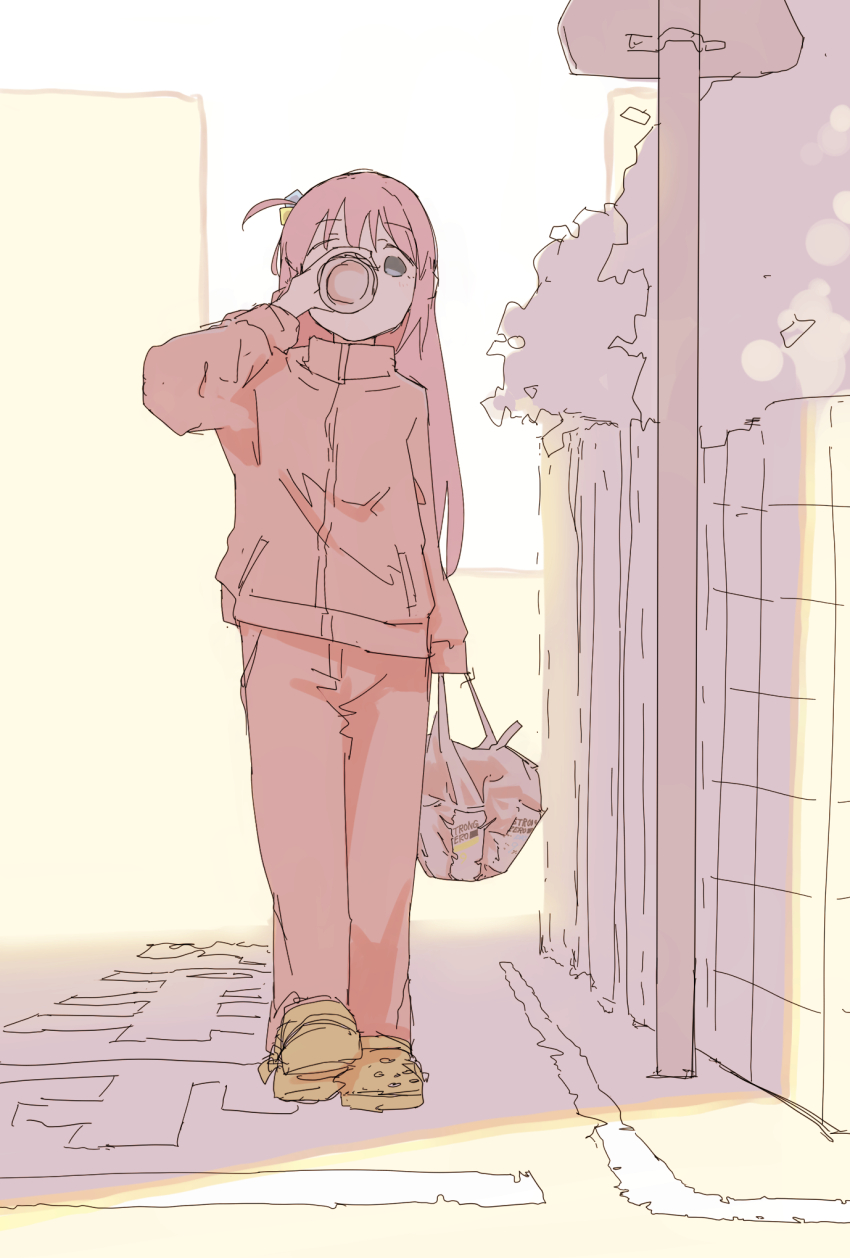 1girl, bag, bocchi_the_rock!, can, commentary_request, crocs, cube_hair_ornament, drinking