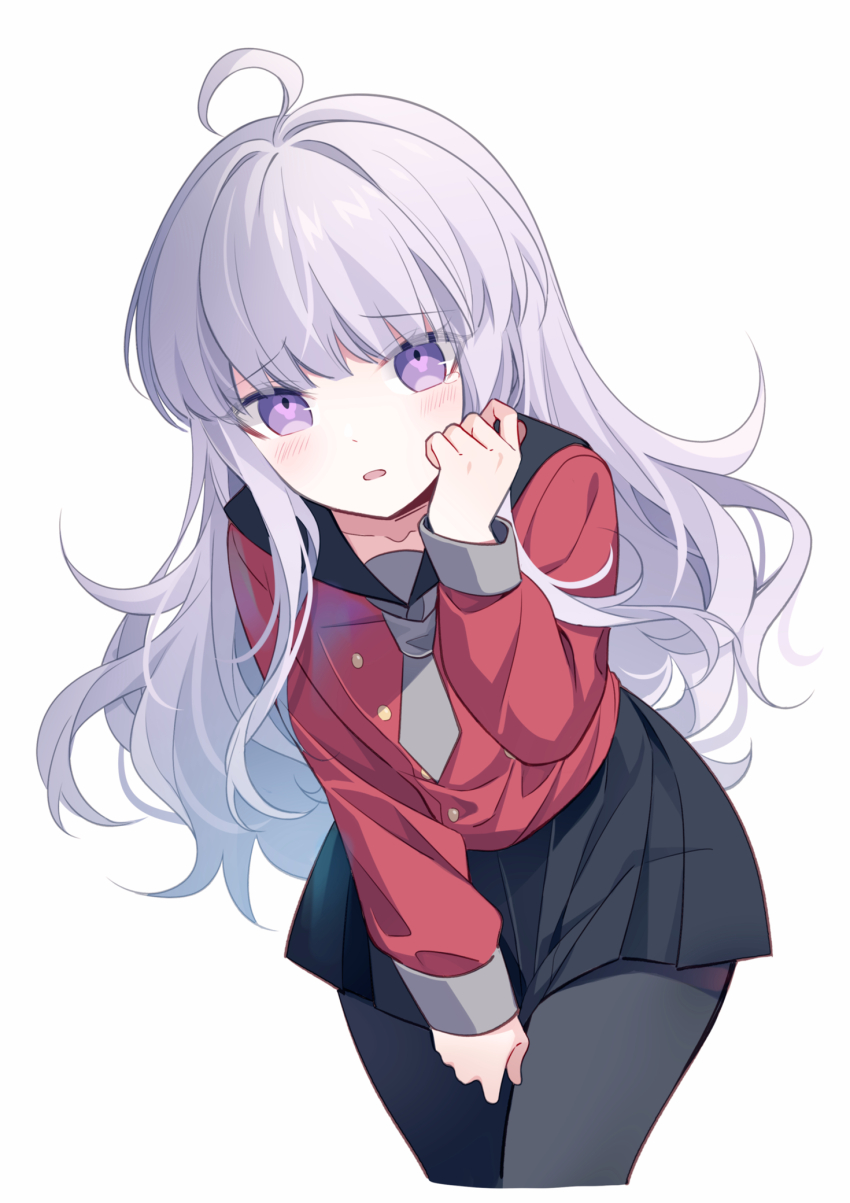 1boy, ahoge, between_legs, black_pantyhose, black_sailor_collar, black_skirt, blush, commentary_request, cowboy_shot, cropped_legs, crossdressing, crossdressing_(mtf), grey_neckerchief, hand_between_legs, hand_up, highres, leaning_forward, long_hair, long_sleeves, looking_at_viewer, male_focus, master_detective_archives:_rain_code, neckerchief, official_alternate_costume, official_alternate_hairstyle, open_mouth, pantyhose, pleated_skirt, purple_eyes, purple_hair, qiao_xing, red_shirt, sailor_collar, school_uniform, serafuku, shirt, shy, simple_background, skirt, solo, standing, symbol_in_eye, tearing_up, translation_request, trap, white_background, yuma_kokohead