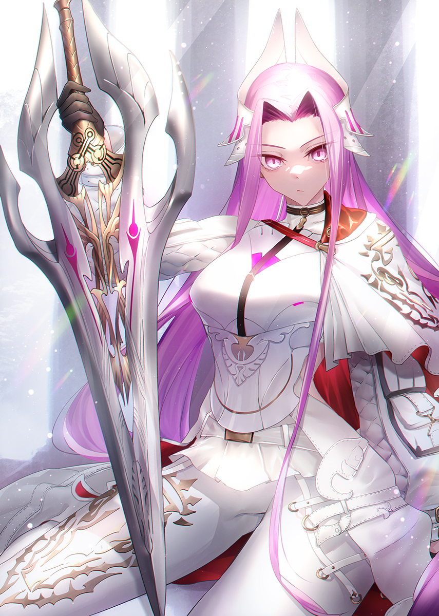 1girl, black_gloves, breasts, capelet, dress, fate/grand_order, fate_(series), gloves, headpiece, highres, large_breasts, long_hair, long_sleeves, looking_at_viewer, medusa_(fate), medusa_(saber)_(fate), medusa_(saber)_(third_ascension)_(fate), minami_koyogi, pants, parted_bangs, purple_eyes, purple_hair, sidelocks, sitting, solo, sword, tight_clothes, tight_pants, very_long_hair, weapon, white_capelet, white_dress, white_pants