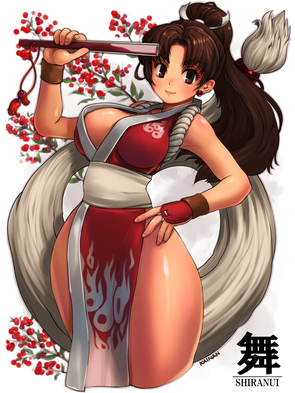 1girl, bare_shoulders, breasts, brown_eyes, brown_hair, cleavage, earrings, fatal_fury