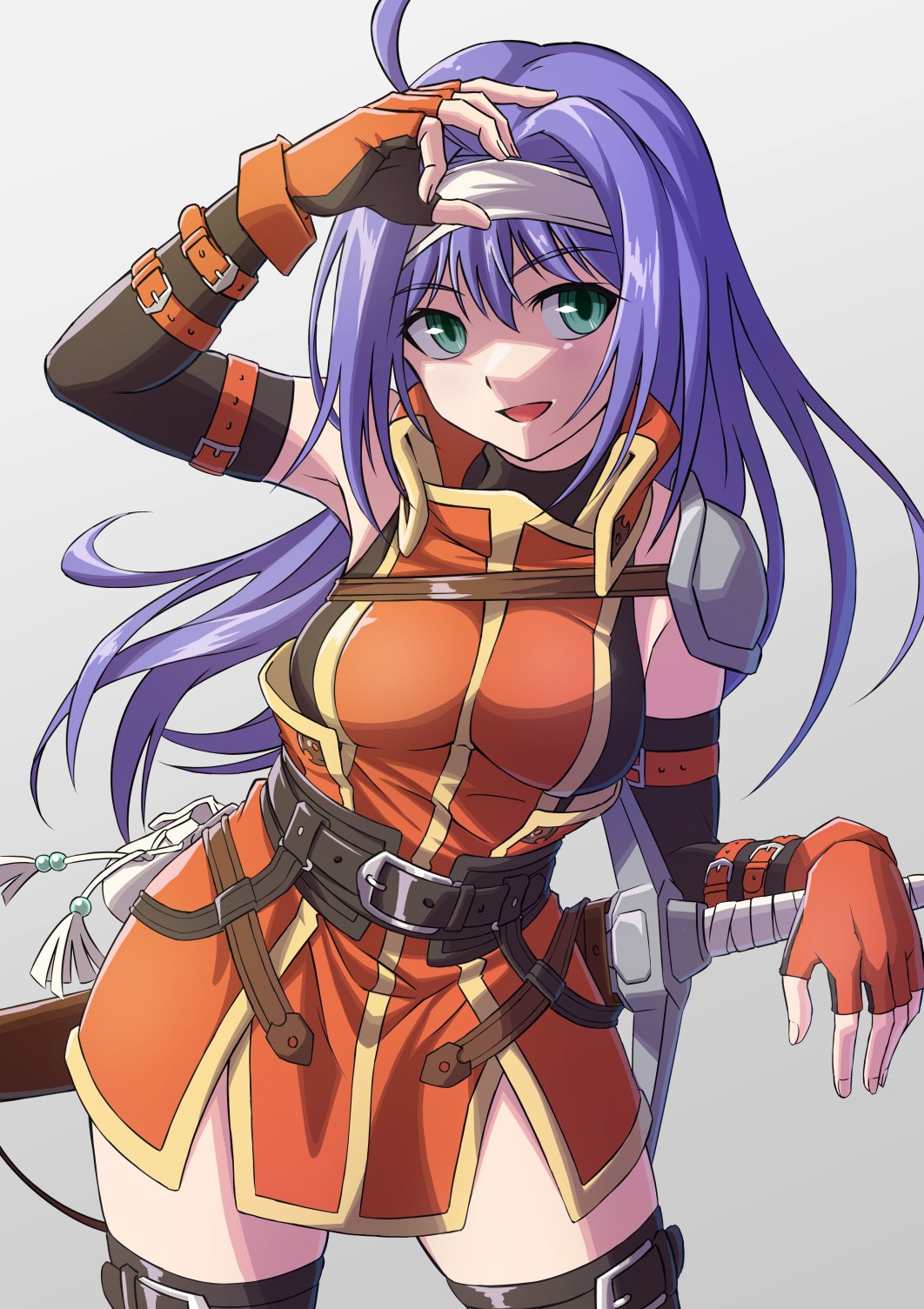 1girl, :d, ahoge, bare_shoulders, belt, black_gloves, black_shirt, blue_hair, breasts, detached_sleeves, fingerless_gloves, fire_emblem, fire_emblem:_path_of_radiance, fire_emblem:_radiant_dawn, funami_dingo, gloves, green_eyes, hairband, headband, highres, long_hair, looking_at_viewer, mia_(fire_emblem), nintendo, open_mouth, orange_gloves, shirt, simple_background, sleeveless, smile, solo, sword, thighhighs, weapon, white_hairband, zettai_ryouiki