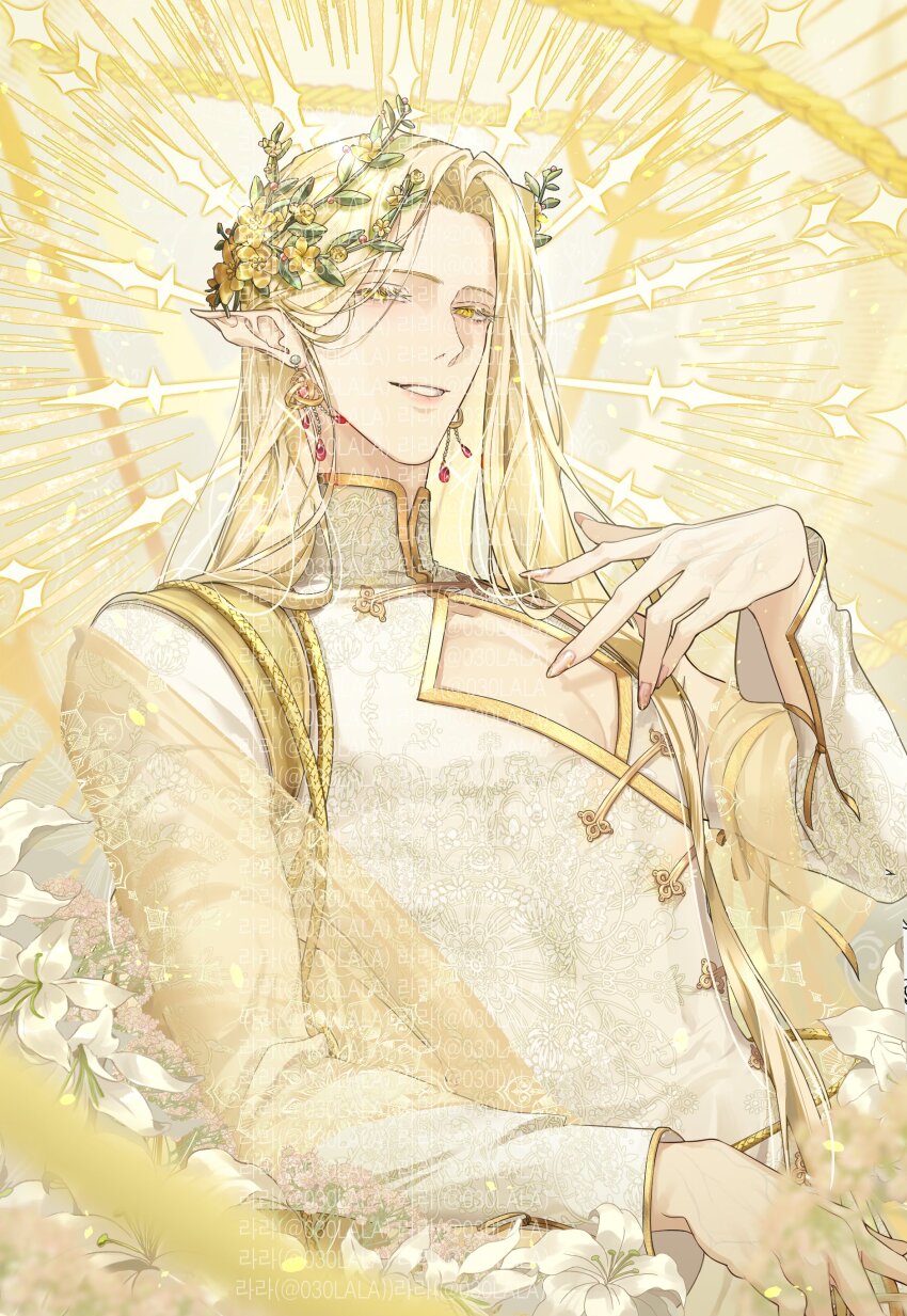 030lala, 1boy, absurdres, blonde_hair, clothing_cutout, colored_eyelashes, earrings, elf