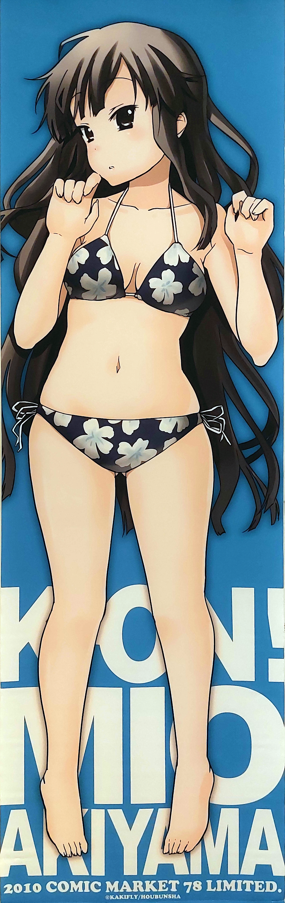 1girl, absurdres, akiyama_mio, arms_up, barefoot, bikini, black_eyes, black_hair