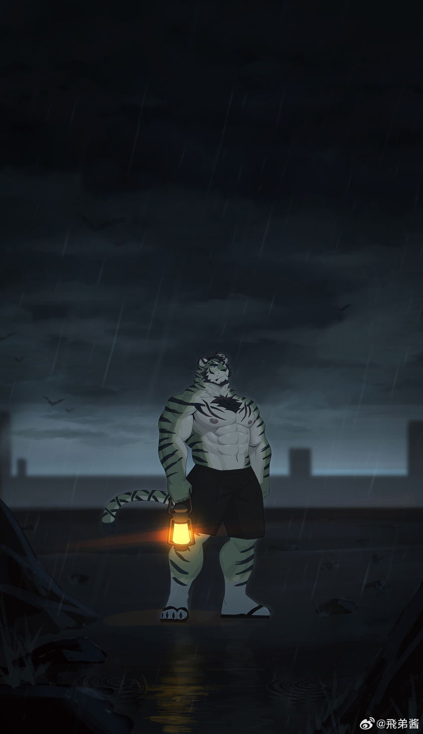 1boy, abs, absurdres, animal_ears, bara, black_shorts, black_wings, fdj_1997