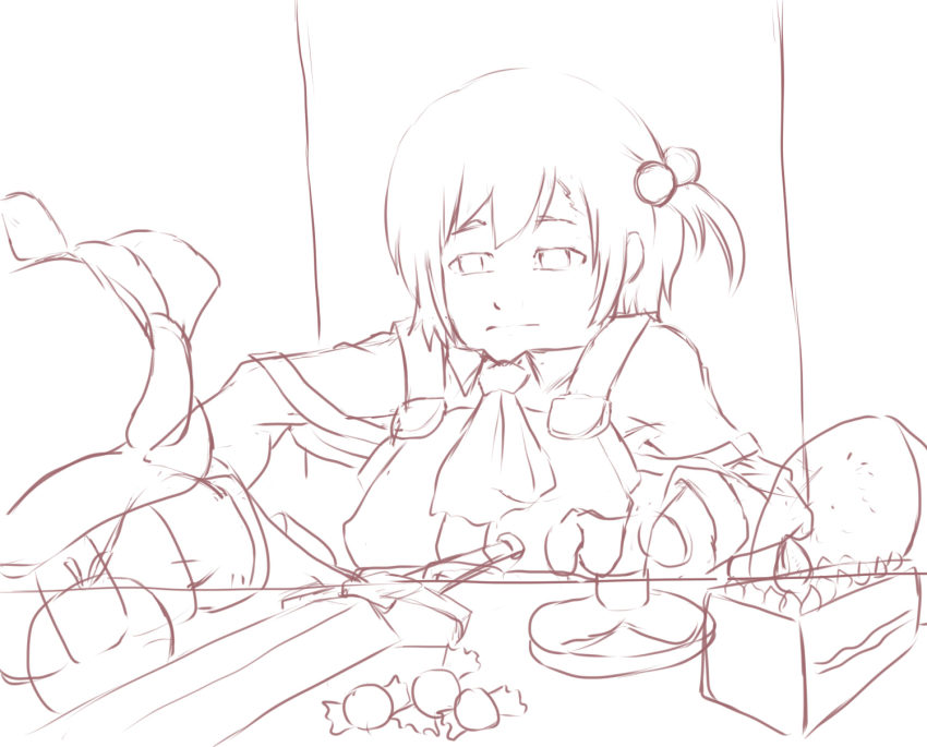 drawfag, highres, monochrome, parody, recette_lemongrass, recettear, scarface, sitting, sketch, tony_montana