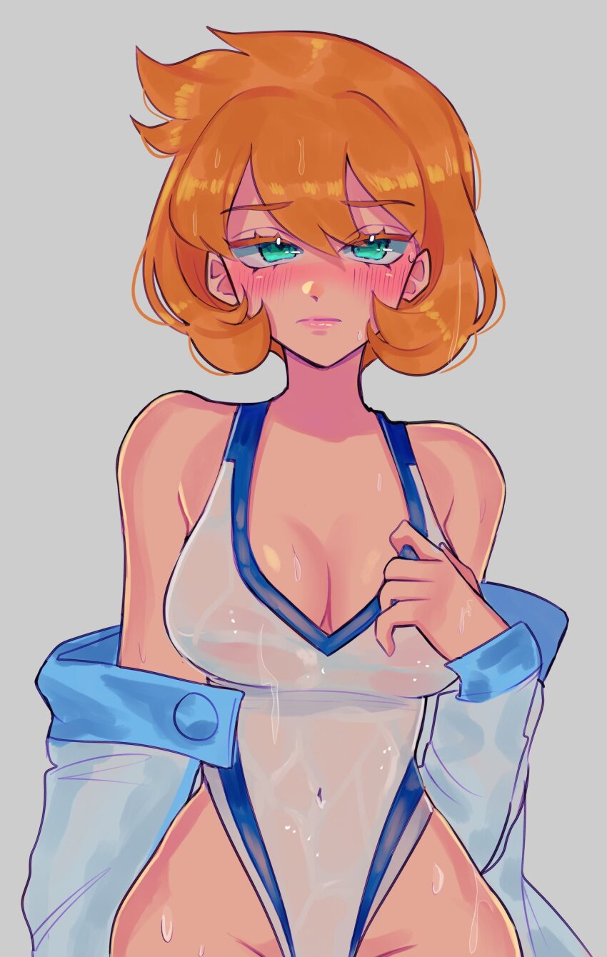 1girl, back, bare_legs, blush, breasts, covered_navel, cowboy_shot, curvy