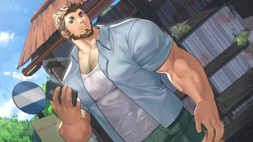 1boy, bara, beard, blue_shirt, brown_hair, chest_hair, closed_mouth, cloud