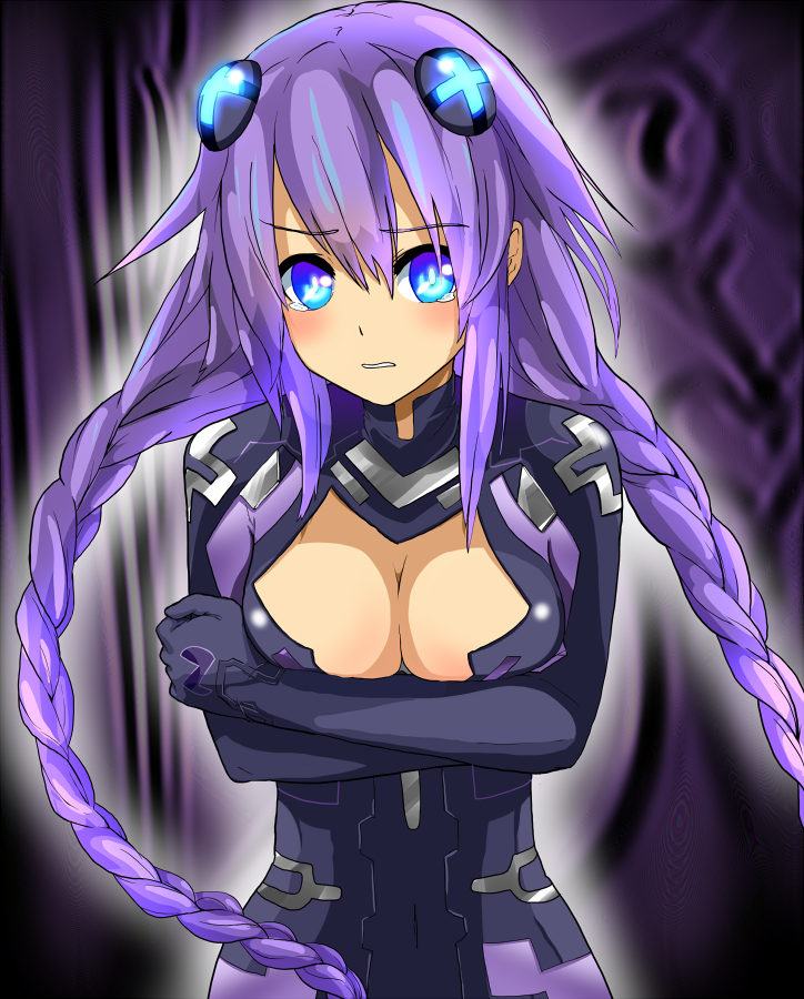 10s, 1girl, blue_eyes, blush, bodysuit, braid, breast_hold, breasts_squeezed_together, breasts, cleavage, cleavage_cutout, clothing_cutout, crossed_arms, female_focus, glowing, glowing_eyes, gust, hair_ornament, hogi, large_breasts, long_hair, neptune_(neptunia), neptune_(series), nippon_ichi, purple_hair, purple_heart_(neptunia), sega, solo, symbol-shaped_pupils, tears, twin_braids