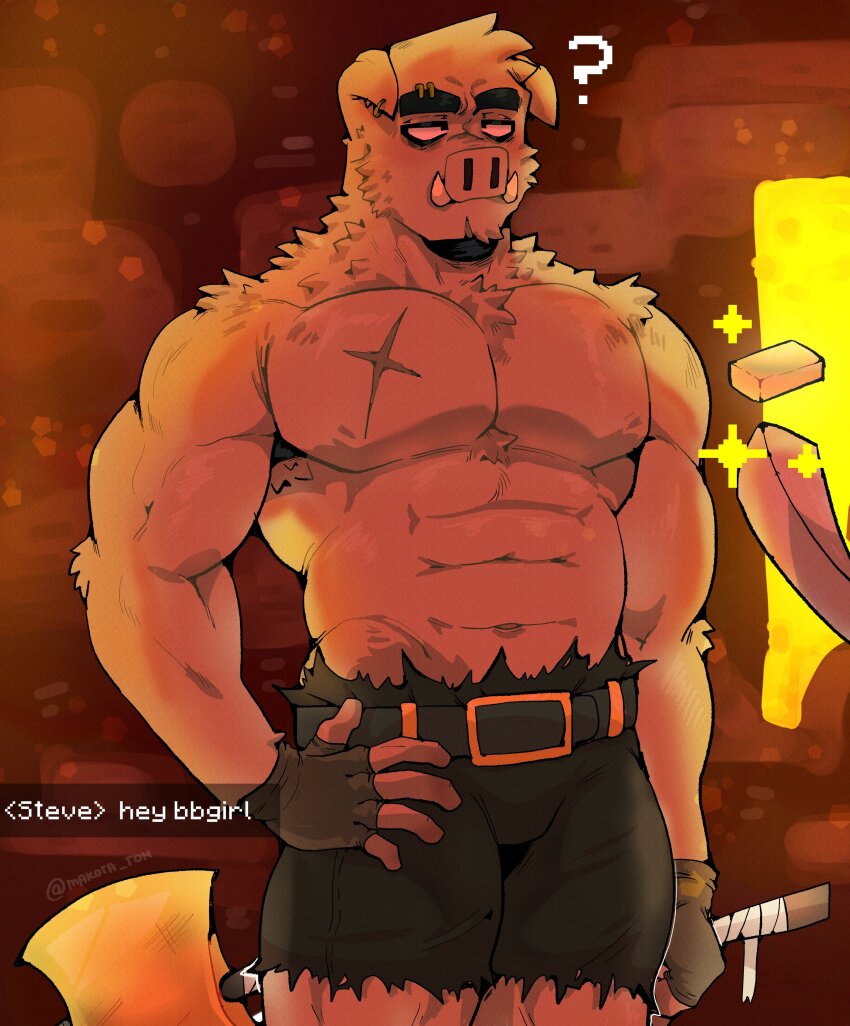 1boy, abs, absurdres, animal_ears, axe, bara, character_request, chat_log