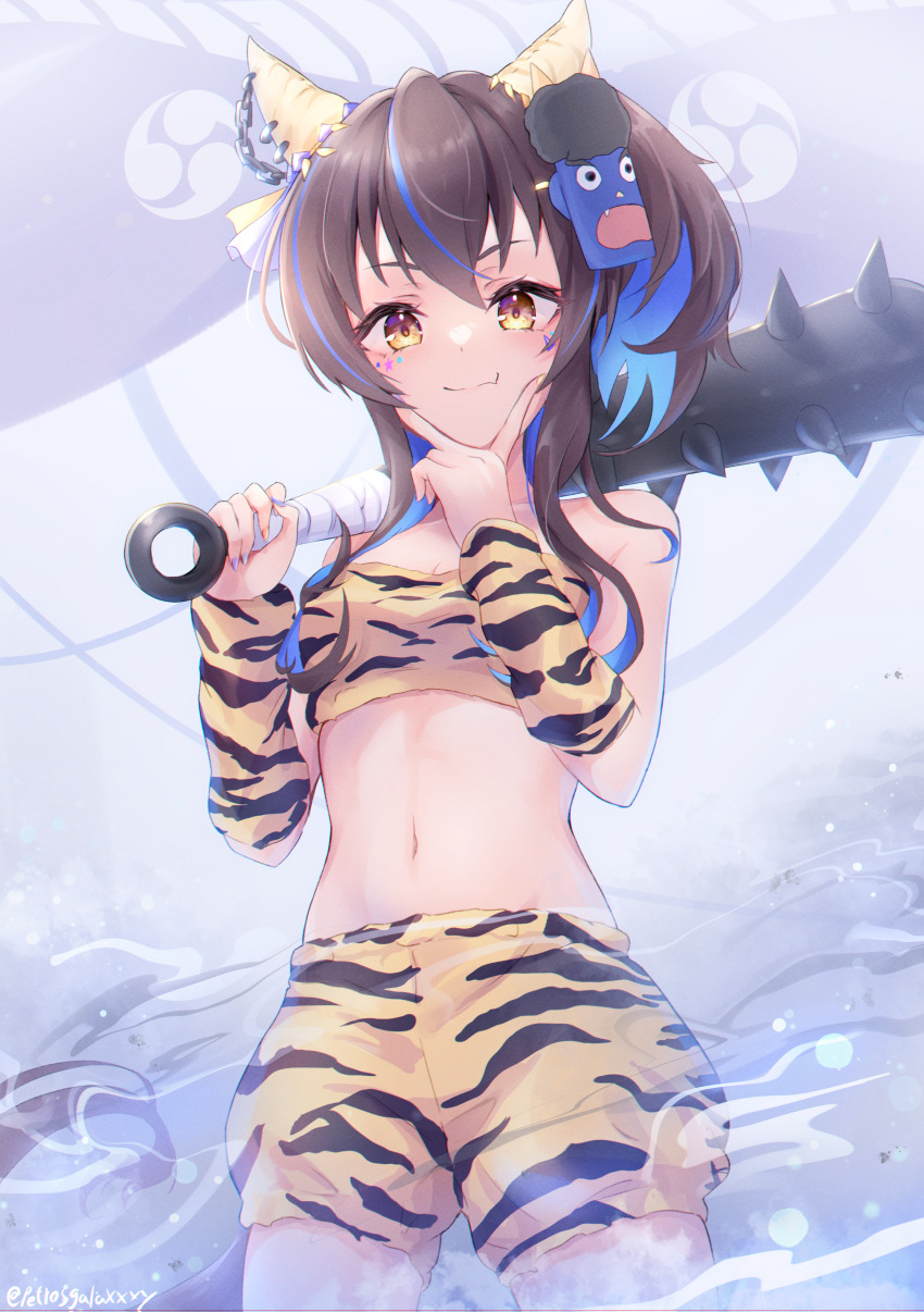 absurdres, animal_ears, animal_print, bare_shoulders, blue_hair, blush, breasts, brown_hair