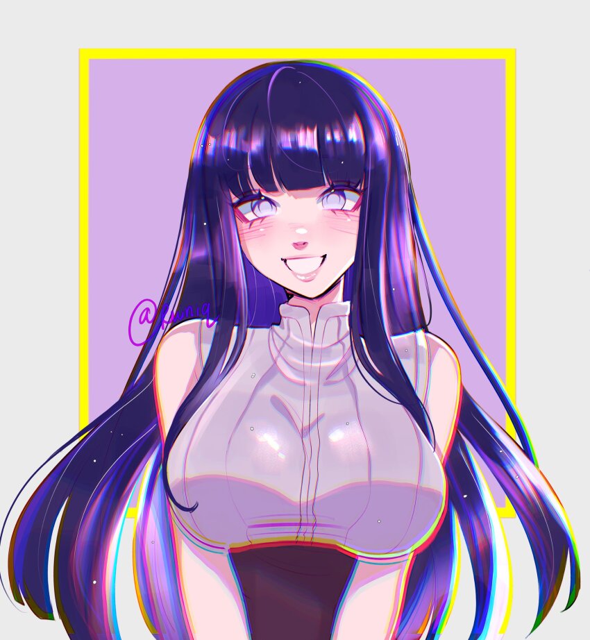 1girl, blunt_bangs, border, breasts, grey_background, highres, hyuuga_hinata, large_breasts