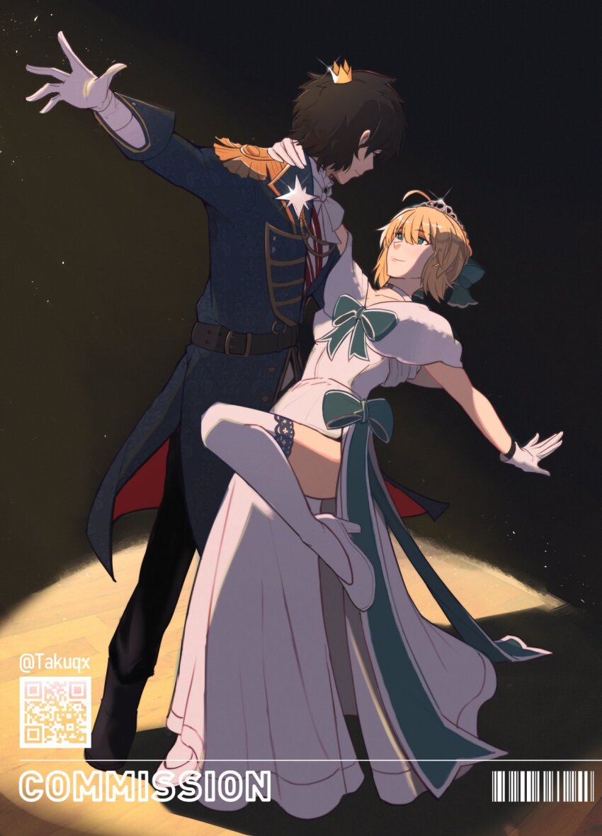 1boy, 1girl, ahoge, artoria_pendragon_(fate), black_hair, blonde_hair, commission, couple