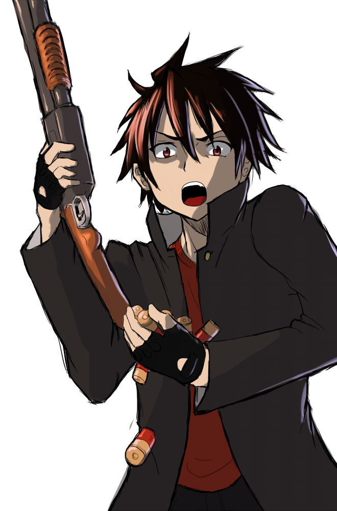 1boy, ammunition, cartridge, drawfag, fingerless_gloves, gloves, gun, highschool_of_the_dead, komuro_takashi, male_focus, meme, open_mouth, shell_casing, shotgun, shotgun_shell, solo, transparent_background, wat-kun, weapon
