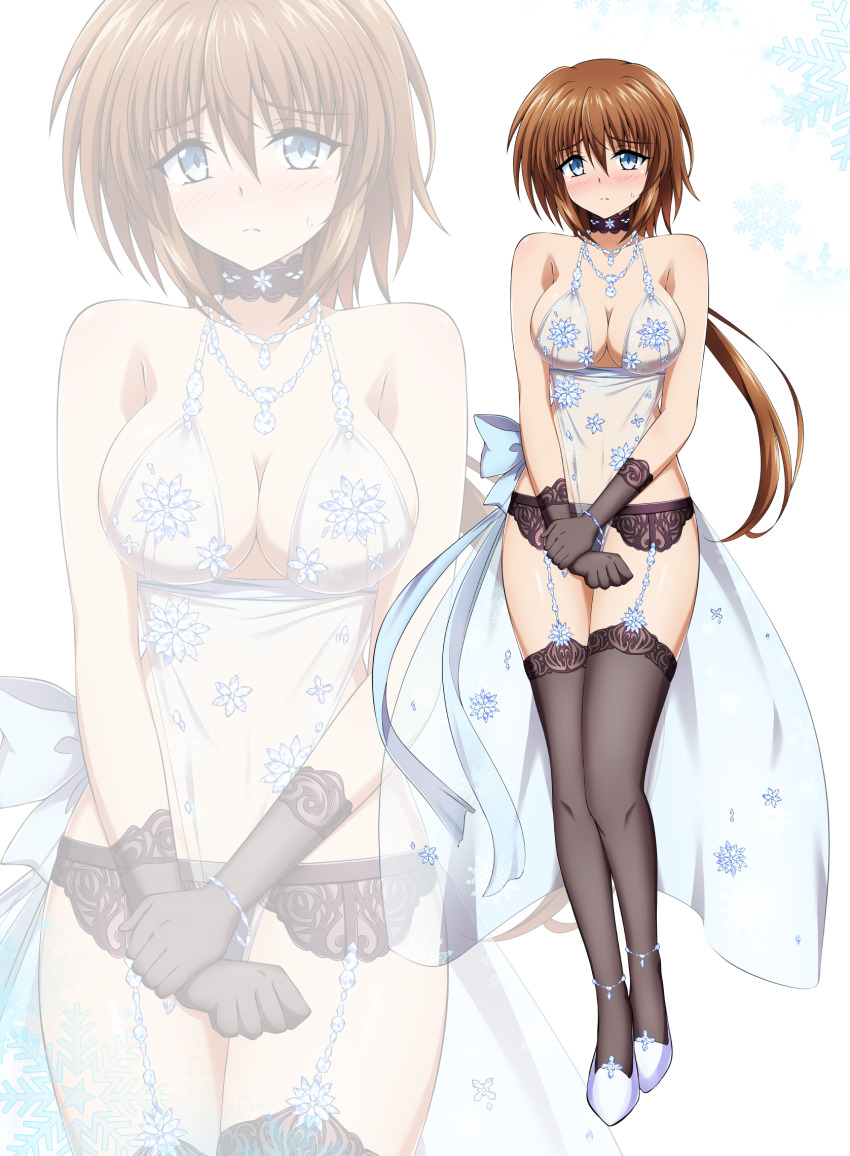 1girl, aged_up, anklet, artoria_pendragon_(lancer_alter)_(fate), artoria_pendragon_(royal_icing)_(fate), artoria_pendragon_(royal_icing)_(fate)_(cosplay), babydoll, bare_shoulders, black_gloves, black_thighhighs, blue_babydoll, blue_bow, blue_eyes, blush, bow, bracelet, breasts, brown_hair, choker, cleavage, cosplay, covered_navel, embarrassed, eyebrows_hidden_by_hair, fate/grand_order, fate_(series), full_body, garter_belt, garter_straps, gloves, hair_between_eyes, highres, jewelry, large_breasts, lingerie, long_hair, looking_at_viewer, low_ponytail, lyrical_nanoha, mahou_shoujo_lyrical_nanoha, necklace, nose_blush, oshimaru026, ponytail, revealing_clothes, snowflake_print, solo, stern_the_destructor, thighhighs, underwear, white_background, zoom_layer