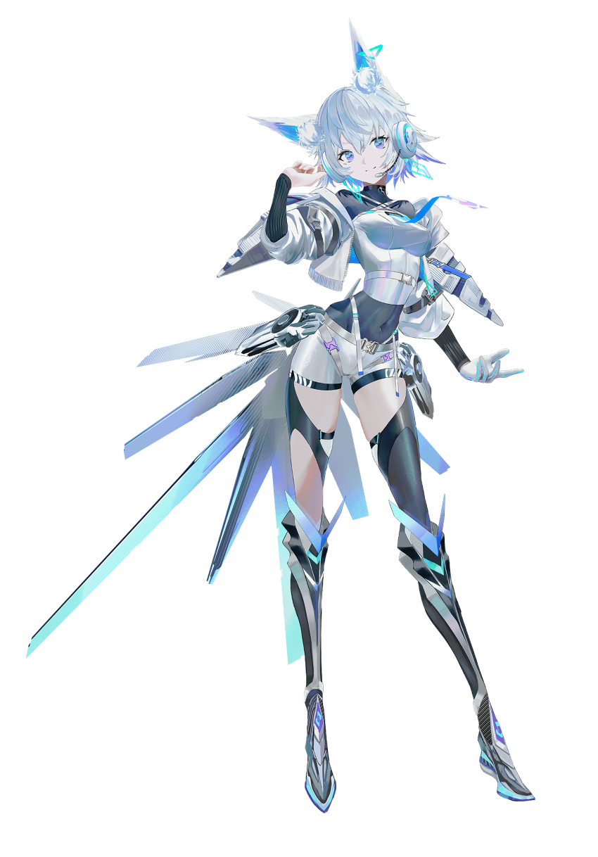 1girl, animal_ear_fluff, animal_ears, aqua_pupils, black_thighhighs, blue_eyes, breasts, cevio