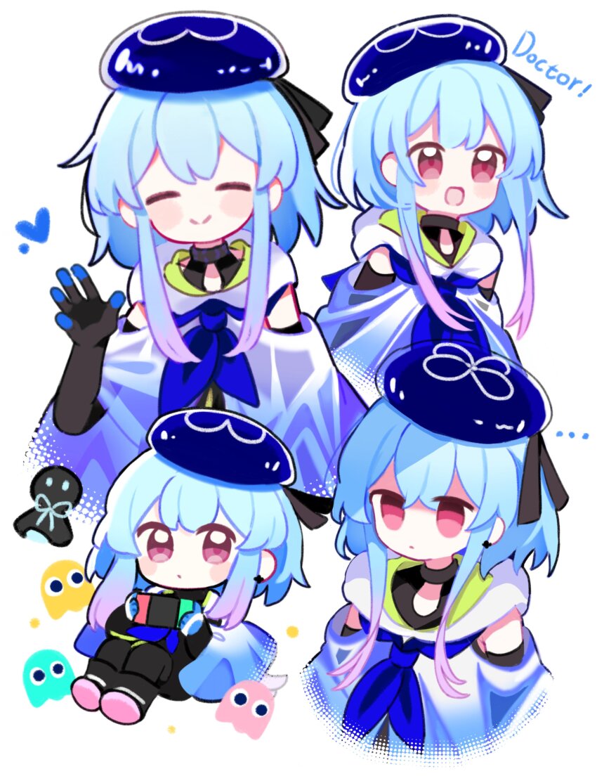 ..., 1boy, absurdres, akaruku, arknights, beret, black_gloves, black_pants, blue_gloves, blue_hair, blue_headwear, blue_hoodie, blue_neckerchief, blush_stickers, bright_pupils, chibi, closed_eyes, closed_mouth, clothing_cutout, clyde_(pac-man), commentary, cropped_torso, empty_eyes, english_commentary, english_text, full_body, gloves, gradient_hair, handheld_game_console, happy, hat, heart, highres, holding, holding_handheld_game_console, hood, hoodie, inky_(pac-man), light_blue_hair, looking_at_viewer, male_focus, mizuki_(arknights), multicolored_hair, multiple_views, neckerchief, nintendo_switch, open_mouth, pac-man_(game), pants, pink_eyes, pinky_(pac-man), purple_hair, short_hair, short_hair_with_long_locks, shoulder_cutout, simple_background, smile, waving, white_background, white_pupils