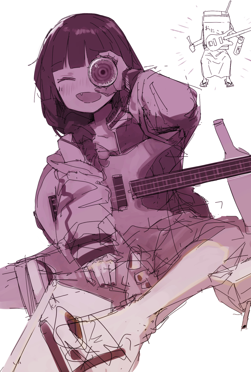 1girl, bass_guitar, blush, bocchi_the_rock!, box, braid, cardboard_box, cardboard_box_gundam, dress, fang, hair_over_shoulder, happy, highres, hiroi_kikuri, holding, holding_bass_guitar, holding_instrument, instrument, jacket, kappa_modoki, long_sleeves, open_clothes, open_jacket, open_mouth, purple_theme, yamaha_trb