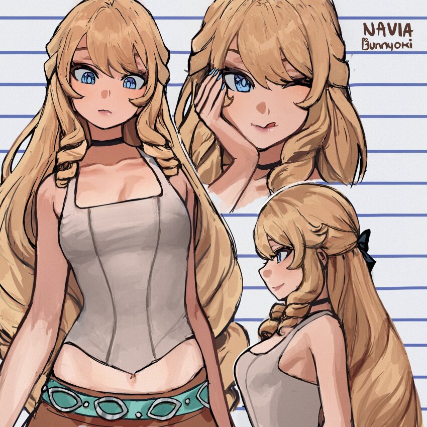 1girl, ;q, alternate_costume, aqua_belt, artist_name, belt, blonde_hair, blue_eyes, blue_nails, breasts, bunnyoki, camisole, character_name, cleavage, commentary, drill_hair, drill_sidelocks, genshin_impact, highres, long_hair, looking_at_viewer, medium_breasts, midriff, multiple_views, nail_polish, navel, navia_(genshin_impact), missing_headwear, one_eye_closed, sidelocks, tongue, tongue_out, upper_body, very_long_hair