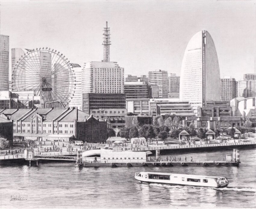 6+others, building, city, ferris_wheel, ferry_(ship), graphite_(medium), highres, lake