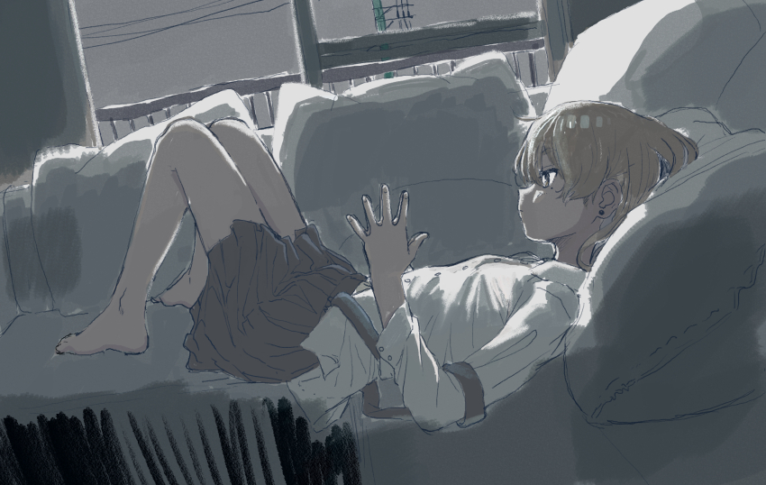 1girl, backlighting, barefoot, black_skirt, brown_eyes, brown_hair, closed_mouth, collared_shirt