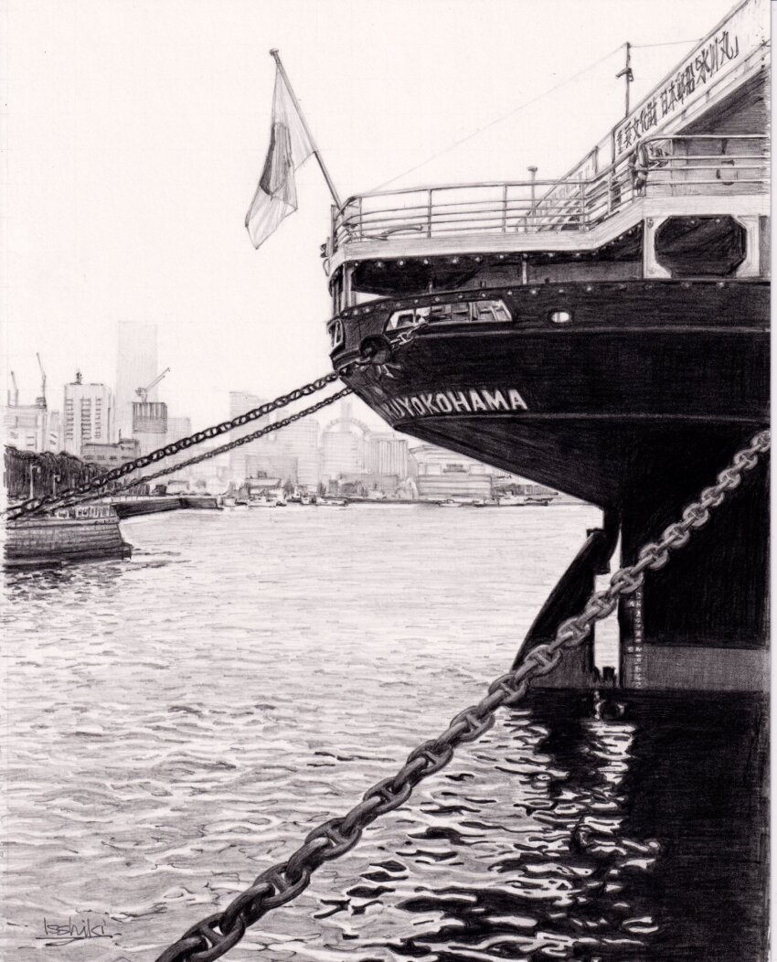 building, chain, graphite_(medium), harbor, highres, ocean, original, ship