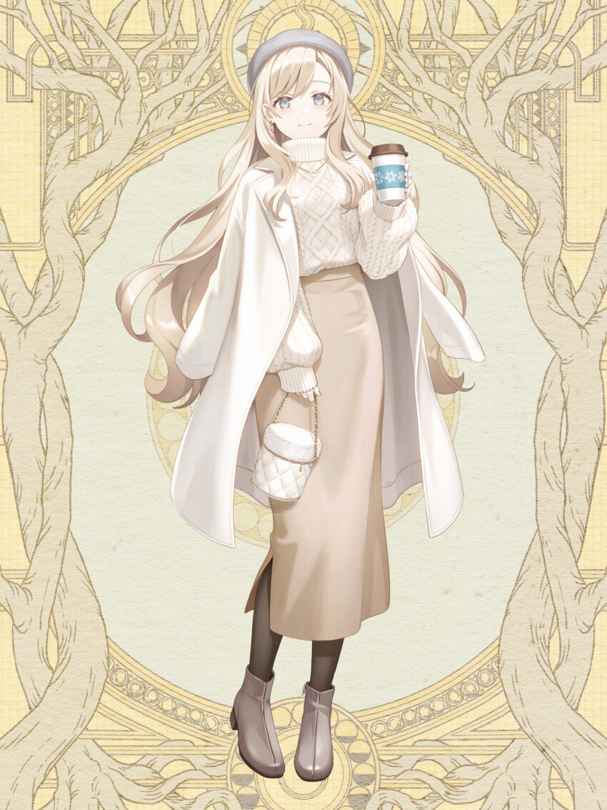 1girl, bag, beret, black_pantyhose, blonde_hair, brown_footwear, brown_skirt, coat