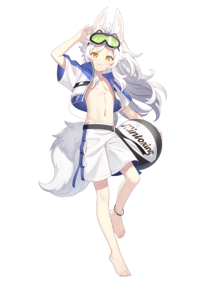1boy, :3, animal_ear_fluff, animal_ears, anklet, arm_up, ball, barefoot, beachball, dairoku_ryouhei, full_body, goggles, goggles_on_head, highres, jewelry, kb_(tw), long_hair, rabbit_ears, shorts, solo, standing, toron_craft, transparent_background, white_hair, white_shorts, yellow_eyes