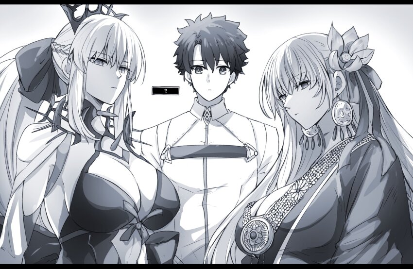 1boy, 2girls, asian_indian_clothes, asymmetrical_sleeves, body_markings, bow, braid, breasts, center_opening, chaldea_uniform, circlet, cleavage, dress, durga_(fate), durga_(second_ascension)_(fate), earrings, fate/grand_order, fate_(series), flower, fujimaru_ritsuka_(male), greyscale, hair_bow, hair_flower, hair_ornament, hair_ribbon, half_up_braid, highres, indian_clothes, jewelry, large_breasts, long_hair, long_sleeves, looking_at_viewer, monochrome, morgan_le_fay_(fate), morgan_le_fay_(third_ascension)_(fate), multiple_girls, necklace, ponytail, ribbon, sari, short_hair, sidelocks, spikes, tiara, two-tone_dress, very_long_hair, wide_sleeves, yukinaga_(asuten)