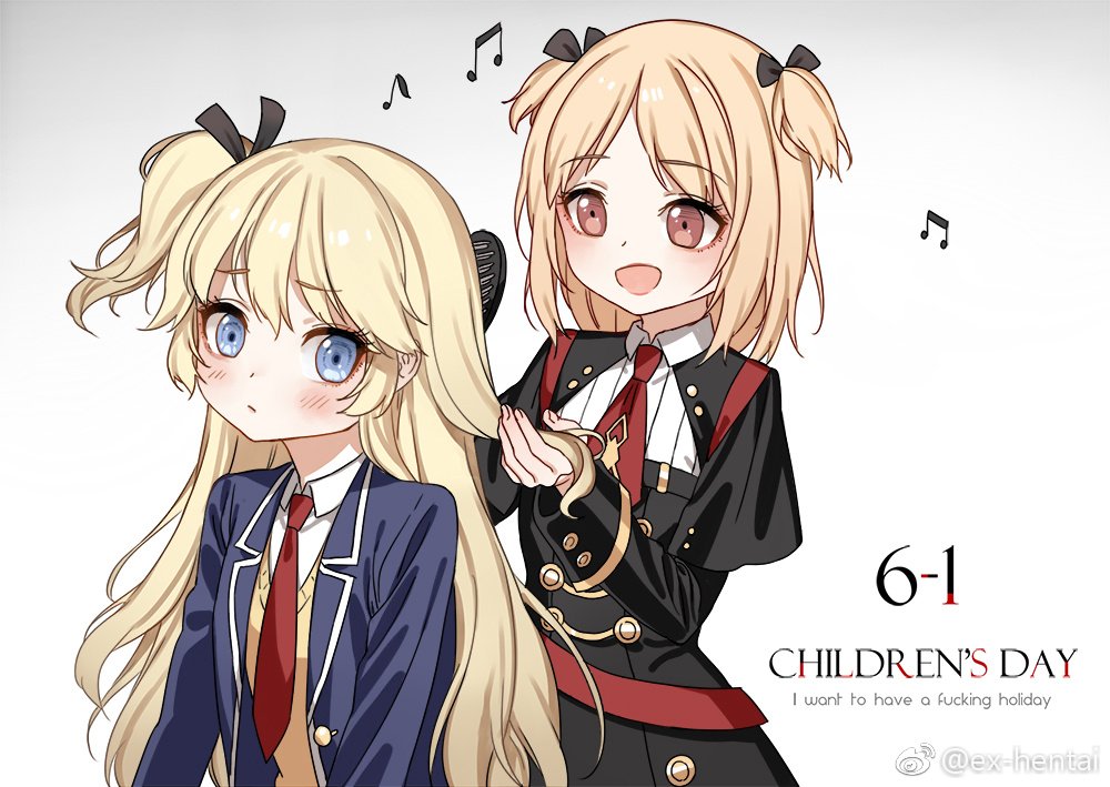 2girls, :d, aged_down, behind_another, black_dress, black_ribbon, blonde_hair, blue_eyes