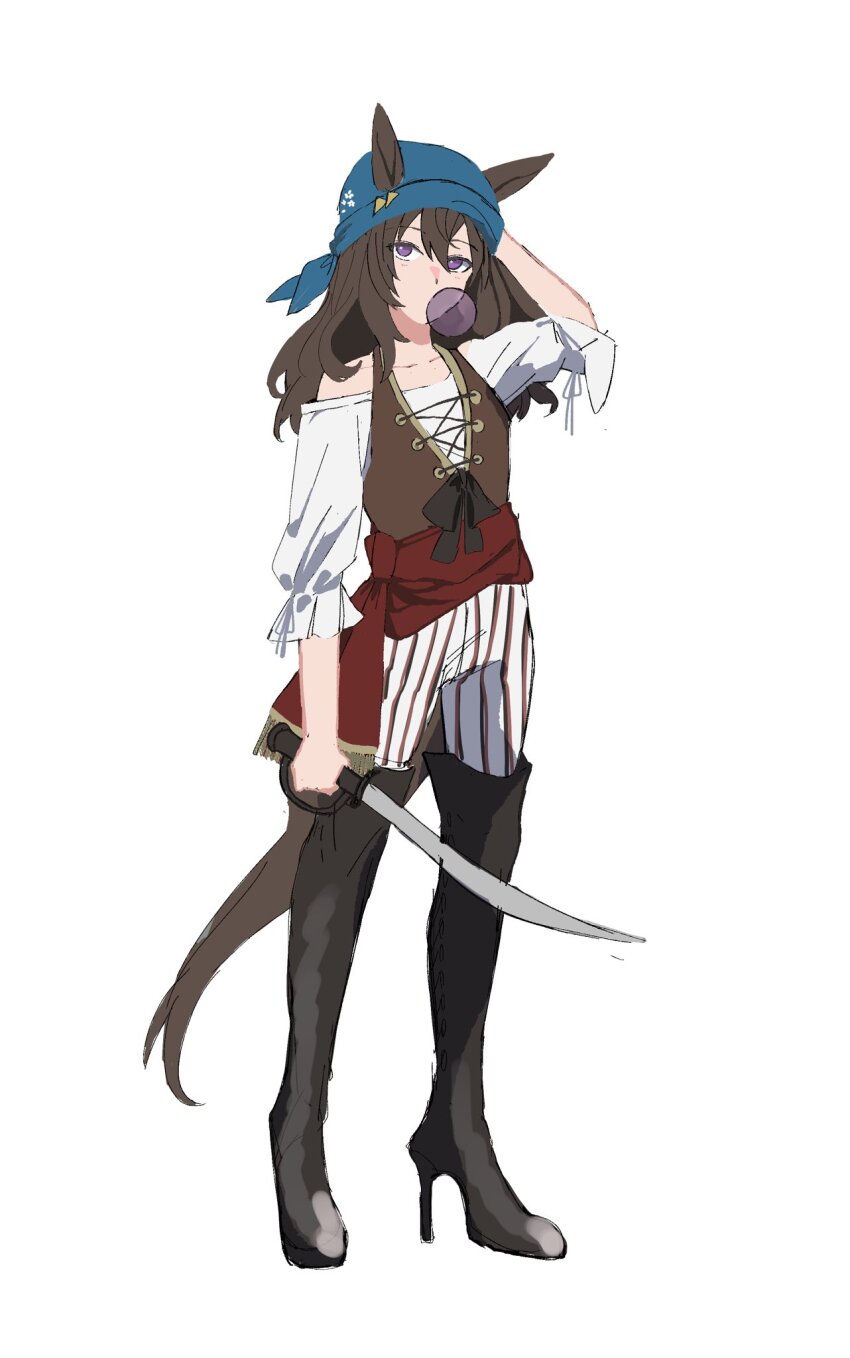 1girl, alternate_costume, animal_ears, arm_behind_head, arm_up, babie, black_boots, blowing_bubble_gum