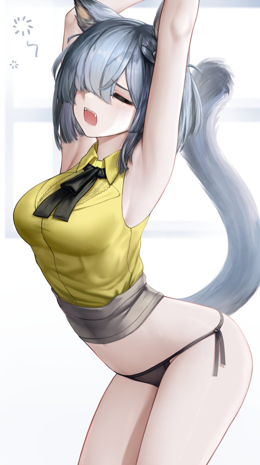 1girl, absurdres, animal_ears, arknights, armpits, arms_up, ascot, bare_shoulders, black_ascot, black_panties, cat_ears, cat_tail, collared_shirt, cowboy_shot, delphine_(arknights), fangs, from_side, furrowed_brow, grey_hair, hair_over_one_eye, highres, irvinetope, leaning_forward, long_bangs, missing_headwear, no_pants, one_eye_closed, one_eye_covered, open_mouth, outstretched_arms, panties, shirt, short_hair, side-tie_panties, simple_background, sleepy, sleeveless, sleeveless_shirt, solo, squeans, tail, underwear, white_background, yellow_shirt