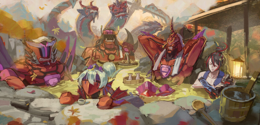 1girl, 4boys, armor, arms_behind_head, black_hair, bottle, bucket, closed_eyes