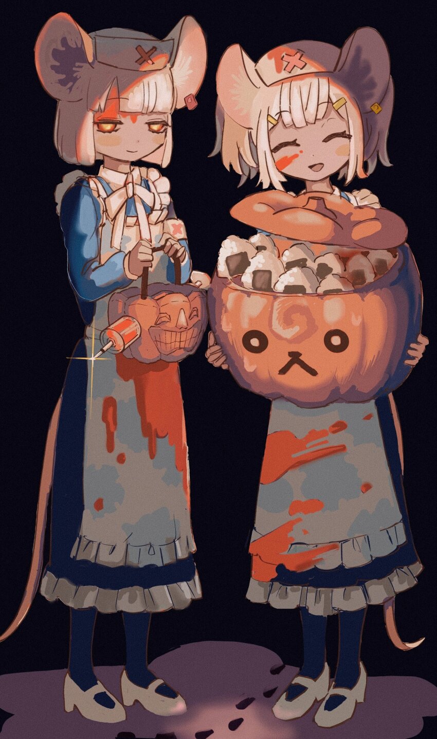 2girls, absurdres, animal_ears, apron, armband, basket, black_background, black_pantyhose