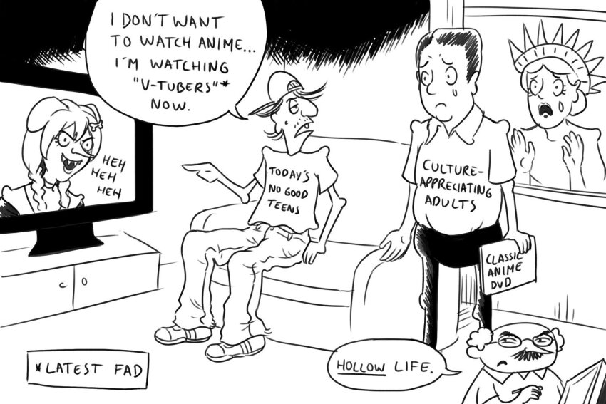 2girls, 3boys, against_glass, archived_source, backwards_hat, bald, baseball_cap, black_hair, commentary, couch, crying, drawfag, english_commentary, english_text, facial_hair, fourth_wall, greyscale, hands_up, hat, hololive, indoors, inugami_korone, inugami_korone_(1st_costume), kelly_(style), looking_at_another, looking_at_viewer, monochrome, multiple_boys, multiple_girls, mustache, parody, pointing, politics, pun, sharp_teeth, sideburns, sitting, stan_kelly, statue_of_liberty, style_parody, tearing_up, teeth, television, the_onion, third-party_source, v-shaped_eyebrows, virtual_youtuber, window