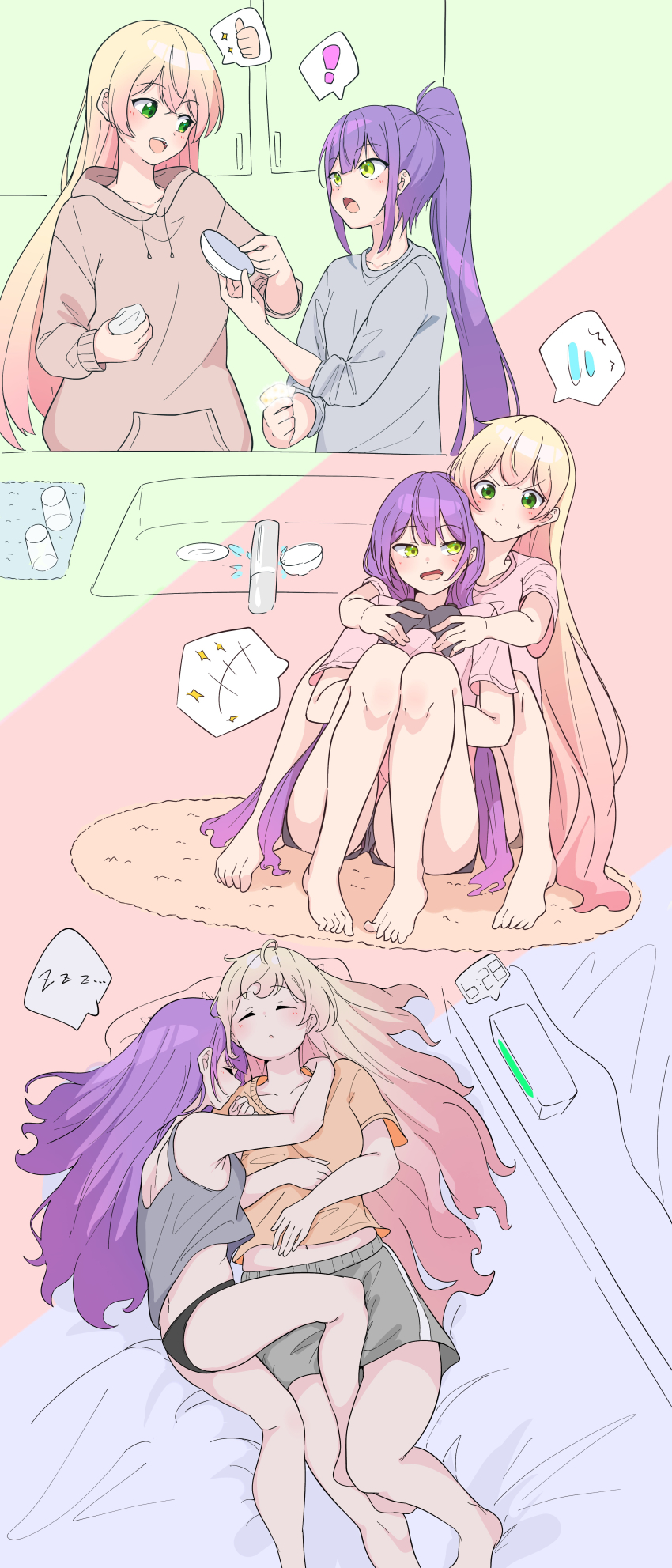 !, +++, 2girls, absurdres, alarm_clock, alternate_costume, alternate_hairstyle, barefoot