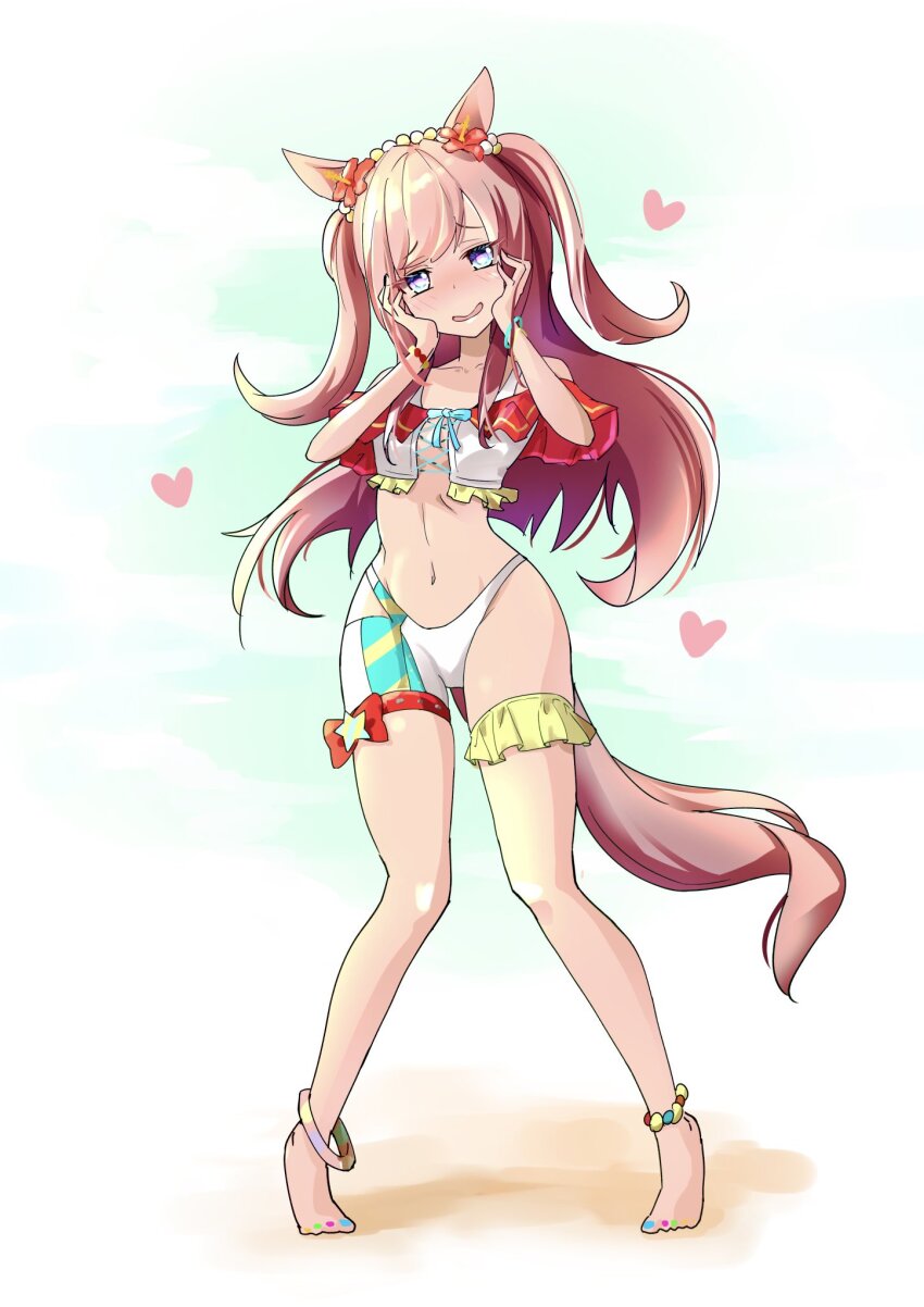 1girl, adapted_costume, agnes_digital_(umamusume), alternate_costume, animal_ears, bikini, blue_eyes, blush, breasts, collarbone, fingernails, hair_ornament, heart, heart-shaped_pupils, highres, horse_ears, horse_girl, horse_tail, kyabetsuman, long_hair, looking_at_viewer, navel, open_mouth, pink_hair, small_breasts, solo, standing, swimsuit, symbol-shaped_pupils, tail, thigh_strap, two_side_up, umamusume