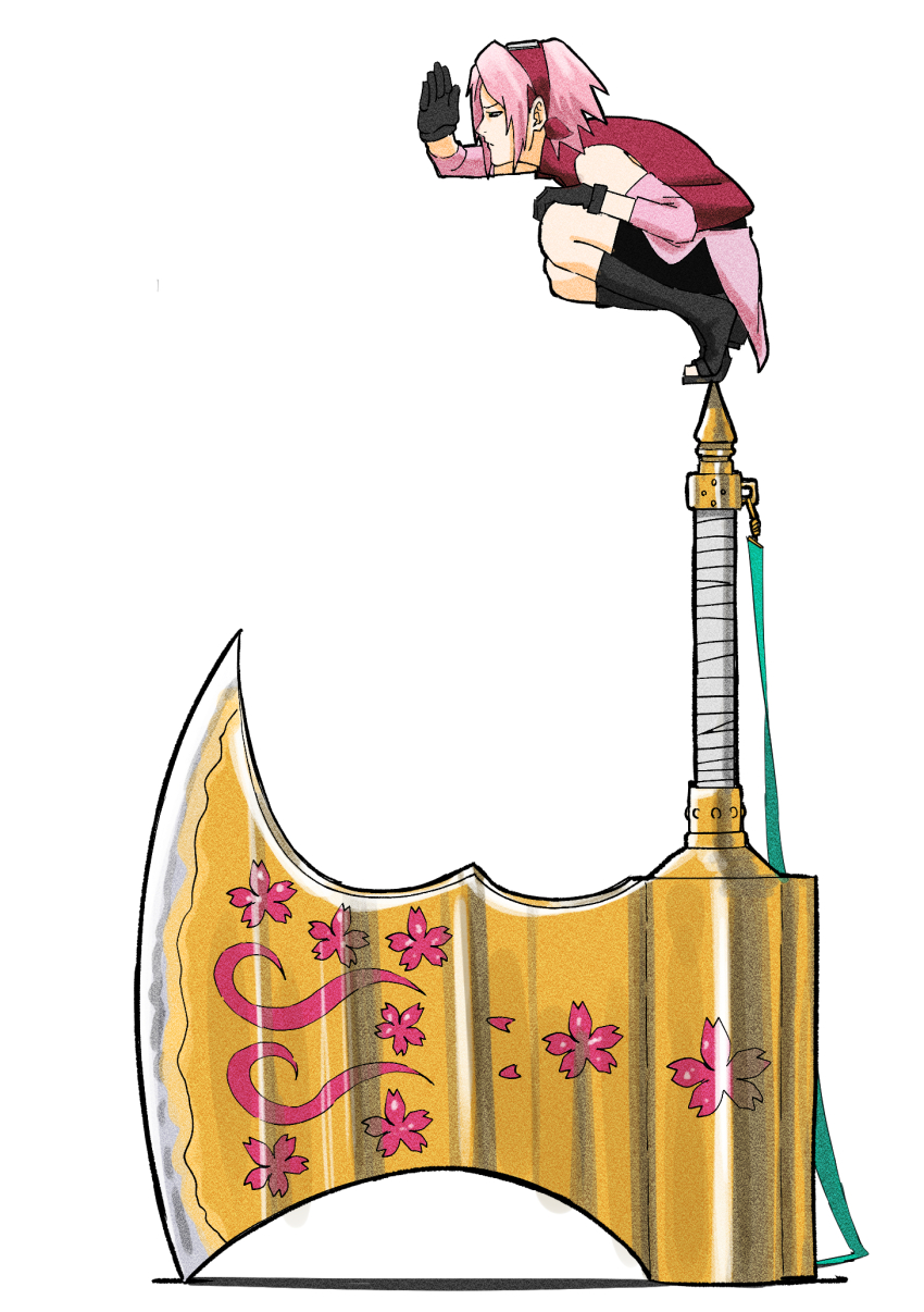 1girl, armband, axe, bare_shoulders, battle_axe, bike_shorts, bike_shorts_under_skirt, black_footwear, black_gloves, black_shorts, cherry_blossom_print, ebata_kyouhei, floral_print, forehead_protector, gloves, half-closed_eyes, haruno_sakura, highres, huge_weapon, hunched_over, looking_afar, marker_(medium), naruto_(series), naruto_shippuuden, narutop99_(2023), pink_armband, pink_hair, pink_skirt, red_headwear, red_shirt, serious, shirt, short_hair, shorts, skirt, sleeveless, sleeveless_shirt, solo, squatting, squinting, tiptoes, toes, traditional_media, weapon