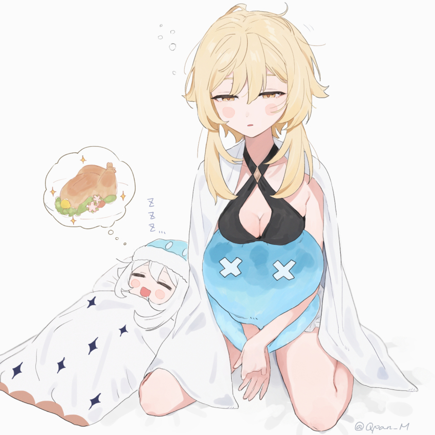 2girls, blonde_hair, bloomers, breasts, cleavage, closed_eyes, criss-cross_halter, genshin_impact, grey_background, hair_between_eyes, half-closed_eyes, halterneck, hat, highres, holding, hugging_object, lumine_(genshin_impact), medium_breasts, multiple_girls, open_mouth, orange_eyes, paimon_(genshin_impact), parted_lips, pillow, q_(oshikuraq), simple_background, sitting, sleeping, slime_(genshin_impact), sparkle, stuffed_toy, sweet_madame_(genshin_impact), twitter_username, underwear, white_bloomers, white_hair, zzz