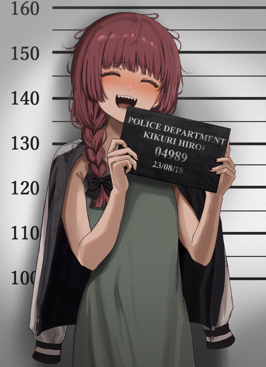 1girl, black_bow, black_nails, blunt_bangs, blush, bocchi_the_rock!, bow, braid