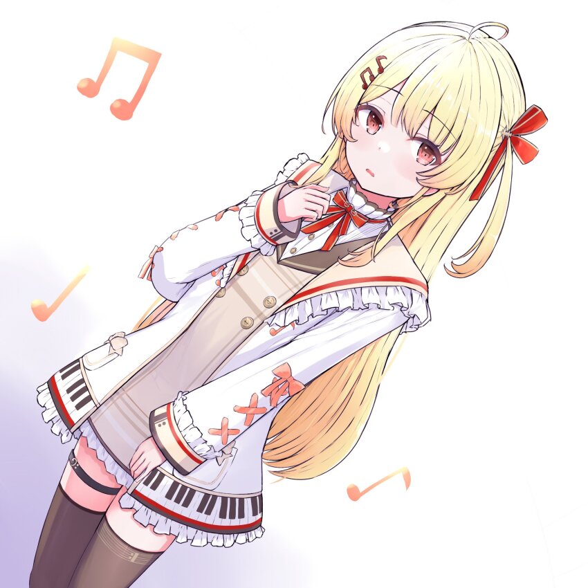 1girl, 22806, ahoge, antenna_hair, black_thighhighs, blonde_hair, bow, brown_vest