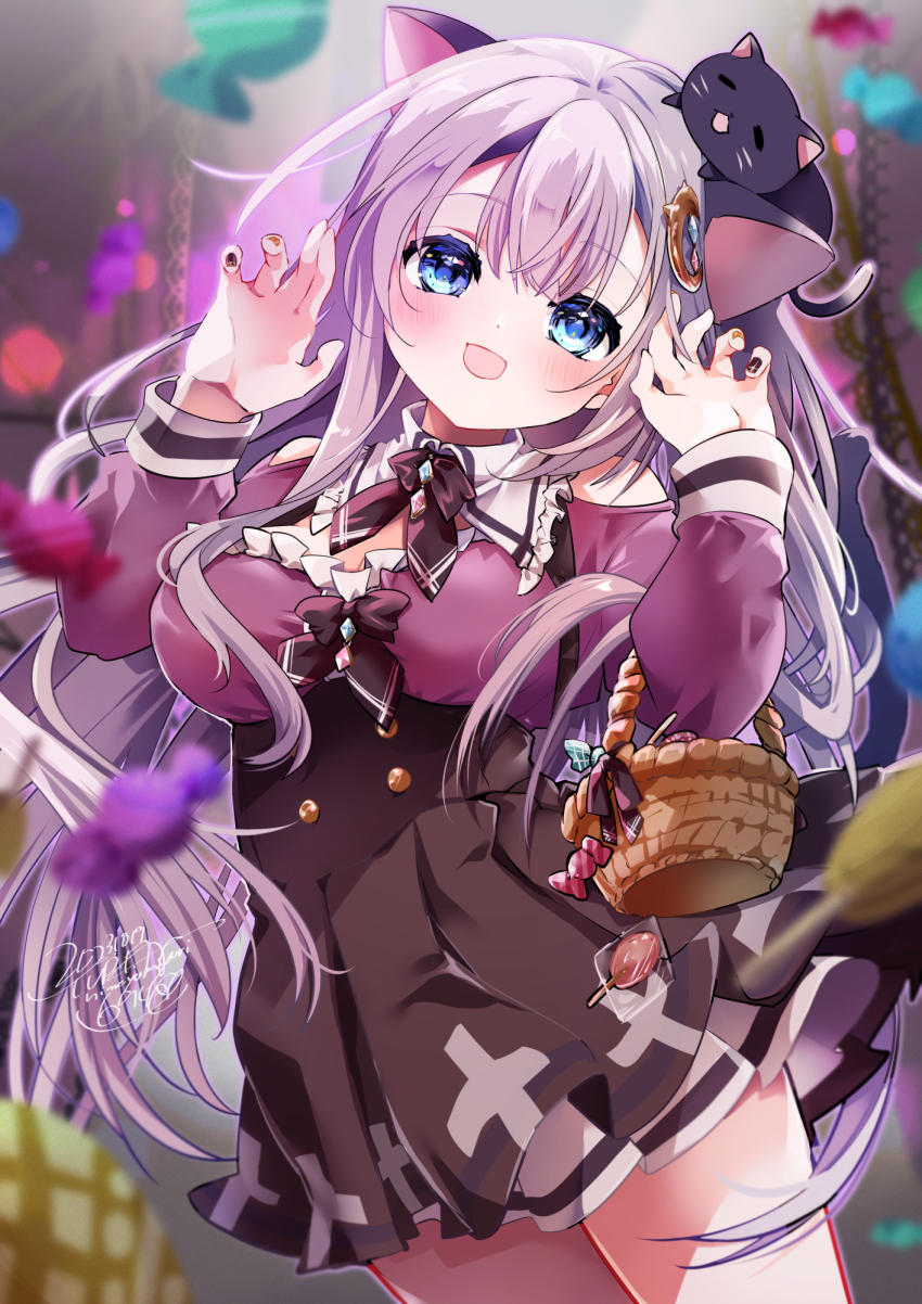 1girl, :d, animal, animal_ears, animal_on_head, bare_shoulders, basket, black_cat